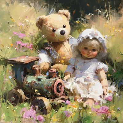 Forgotten Toys in a Sunlit Meadow