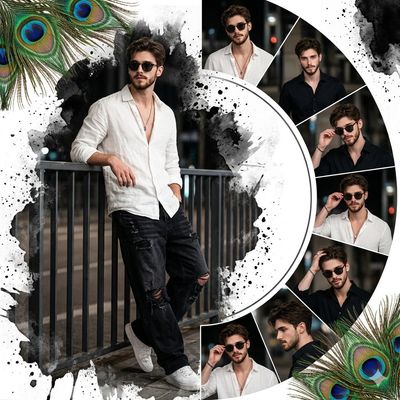 South Asian man leans on railing in urban night fashion collage