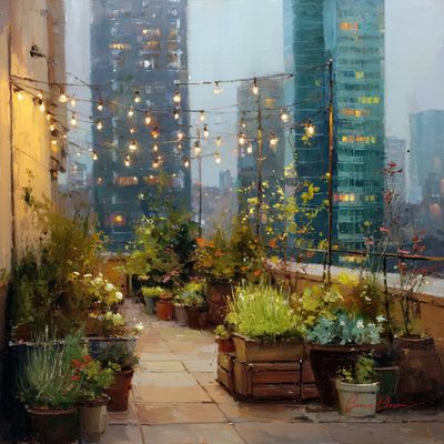 Rooftop Garden Glow Above the City