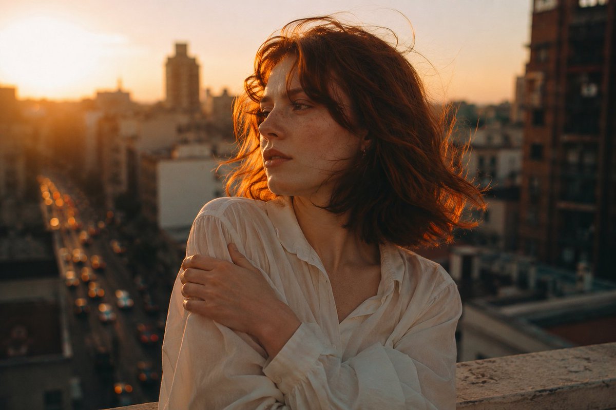 A melancholic woman with short red hair stands on a rooftop at golden hour