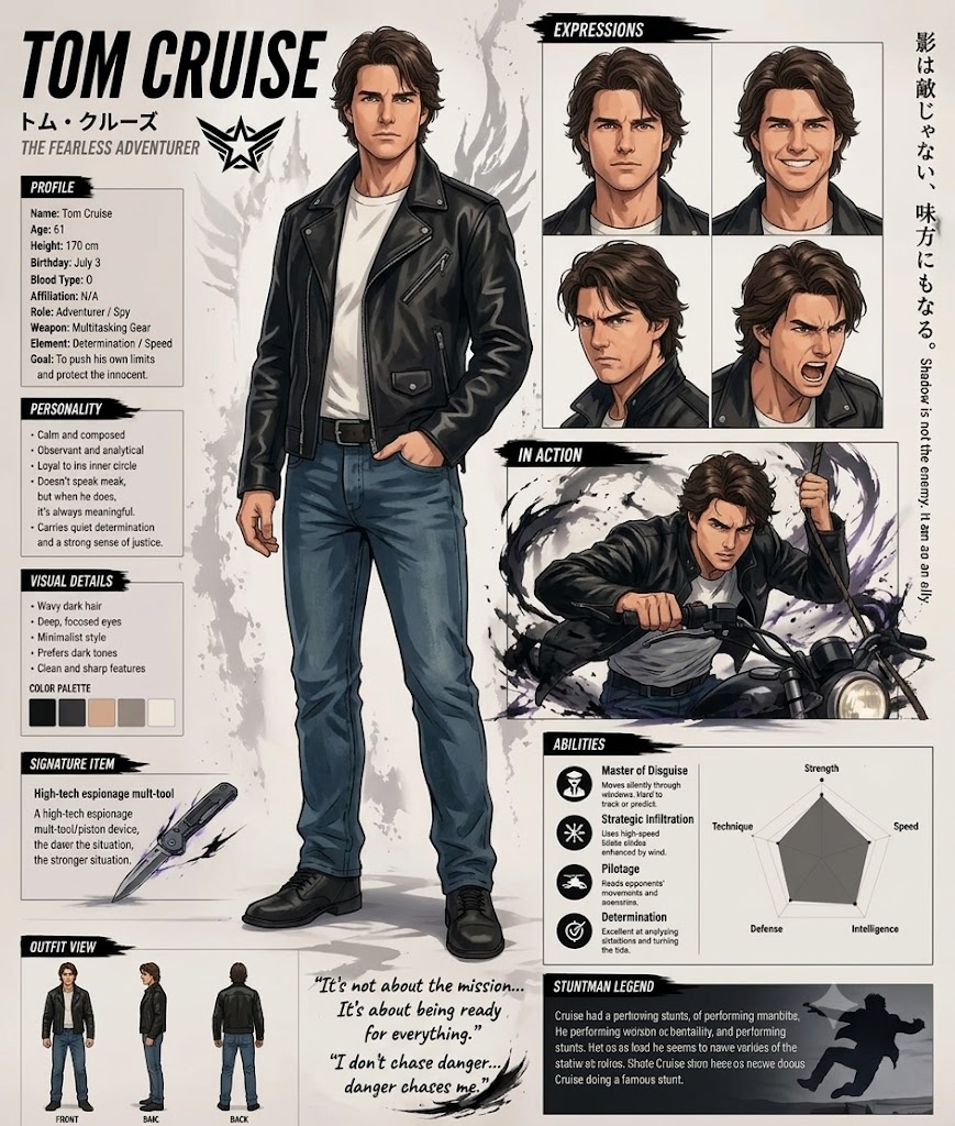 Tom Cruise transforms into an anime spy with smoky energy wings.