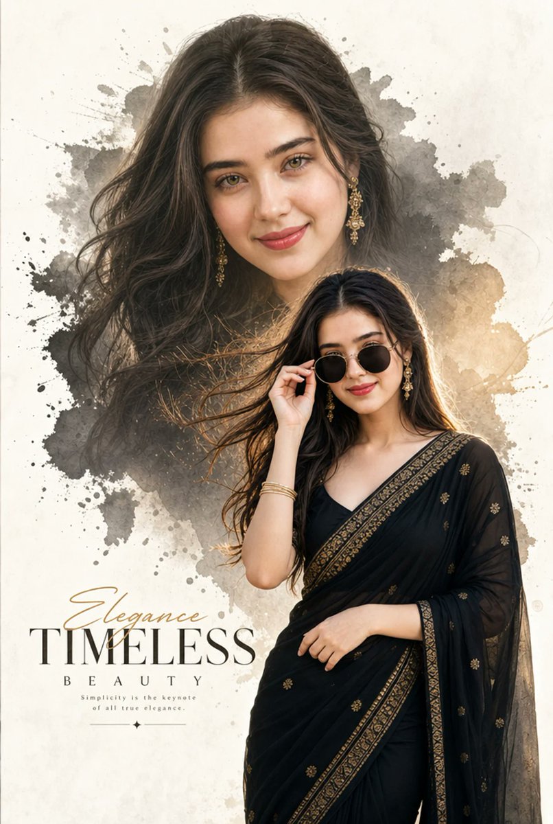 Young Asian model in black saree and sunglasses poses with flowing hair