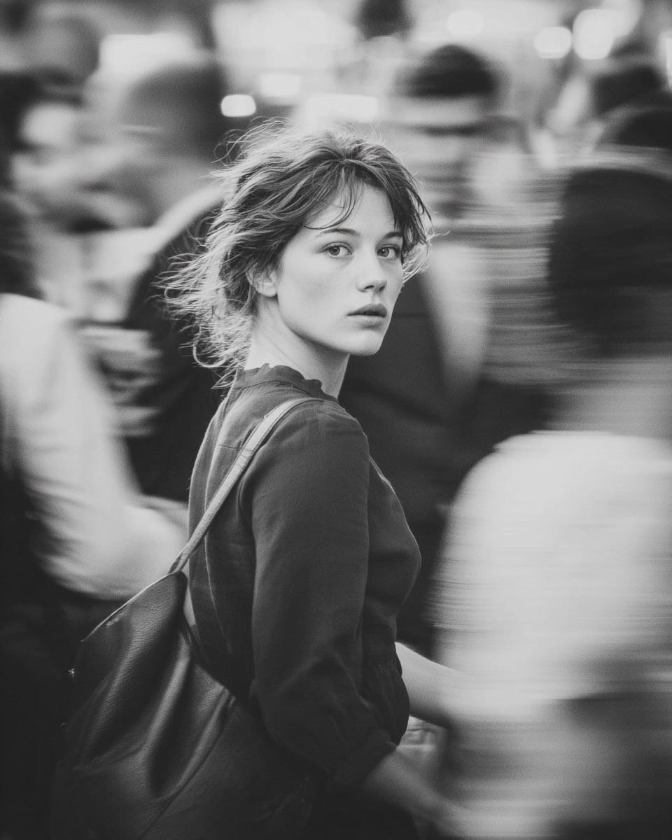 A woman in orange trench coat walks through blurred city crowd.