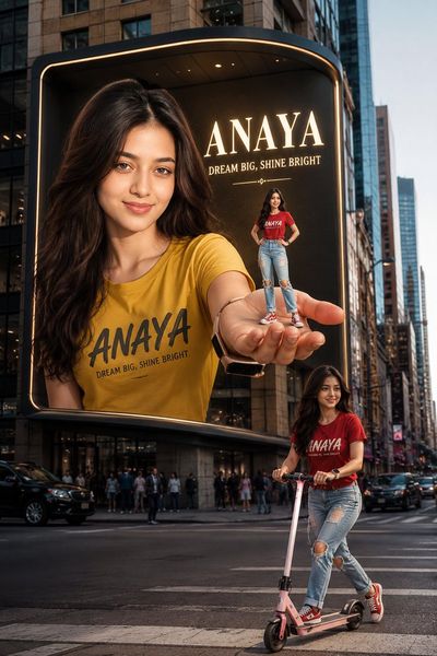 A woman breaks through a billboard holding her miniature self