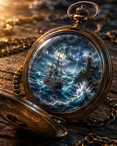 A storm rages inside an antique pocket watch on wood.