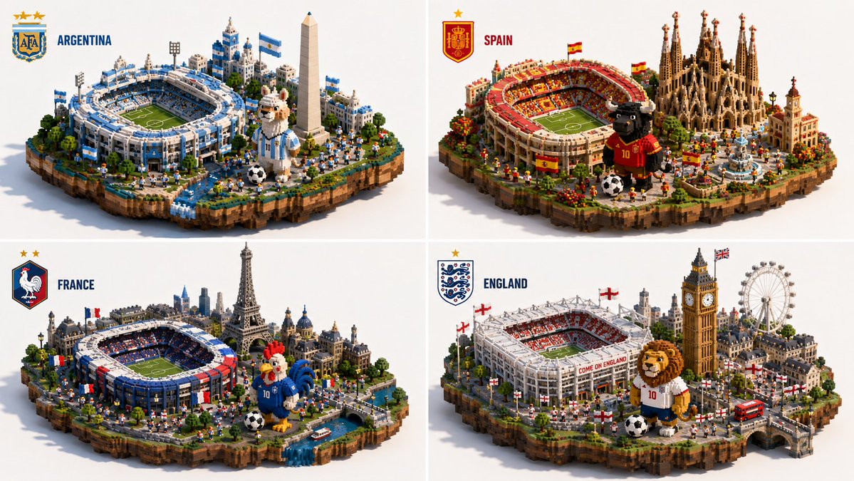 Four world cup teams compete in voxel isometric dioramas