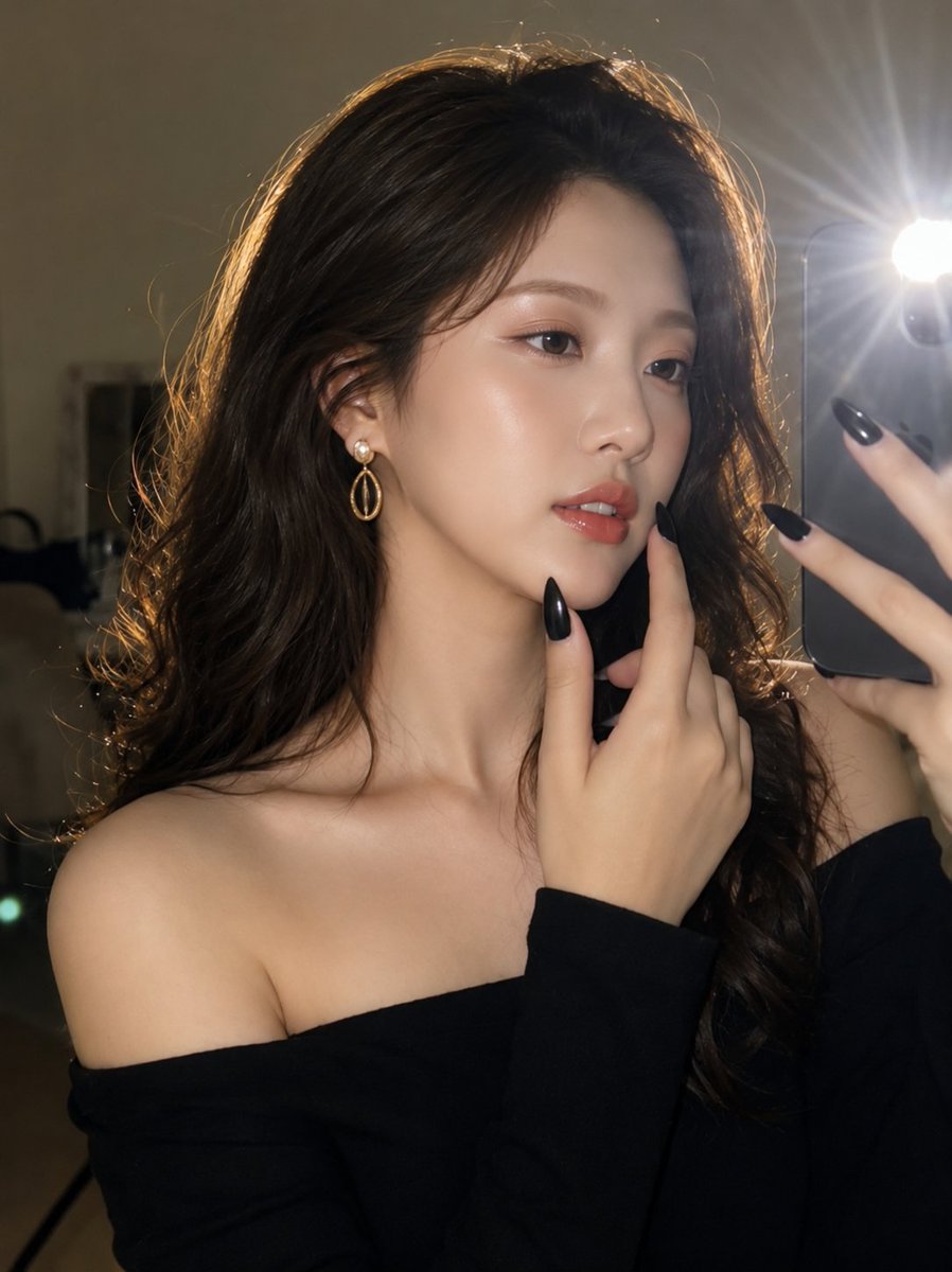 A woman with dark hair poses for a glamorous mirror selfie
