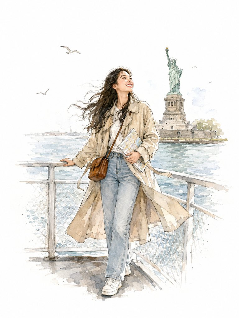 Young Korean traveler smiles on ferry deck with Statue of Liberty