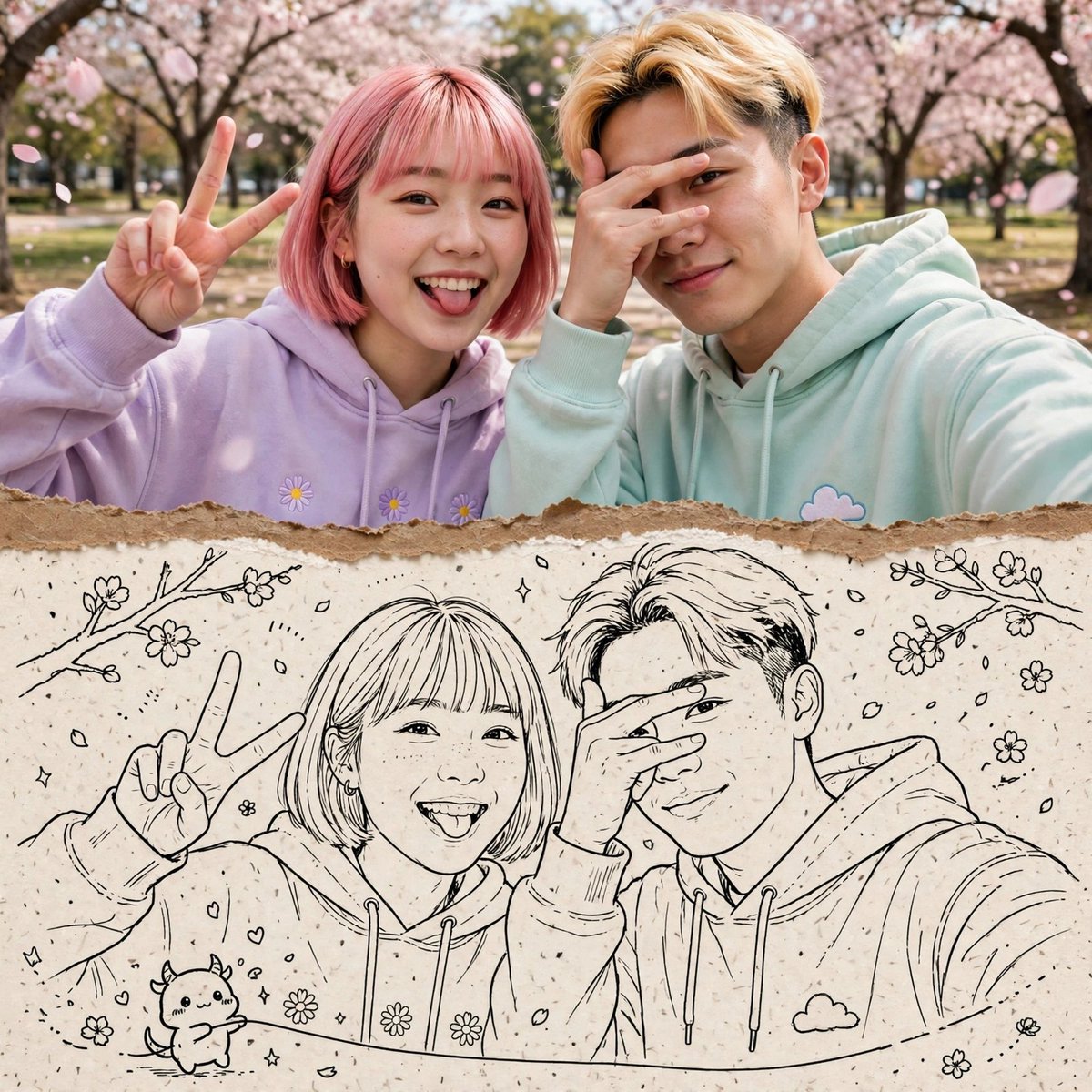 Vibrant couple selfie merges with manga ink sketch on cream paper