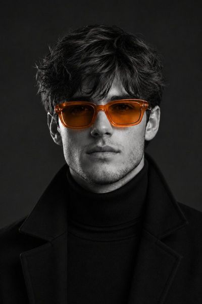 A confident model in black wears vivid orange sunglasses