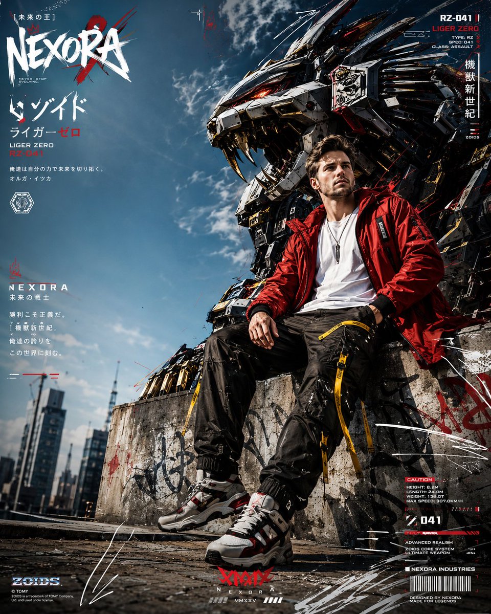 A futuristic fashion model sits on a sunlit rooftop ledge