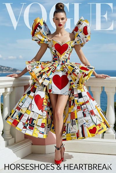 A model in a comic book dress poses on a luxury balcony