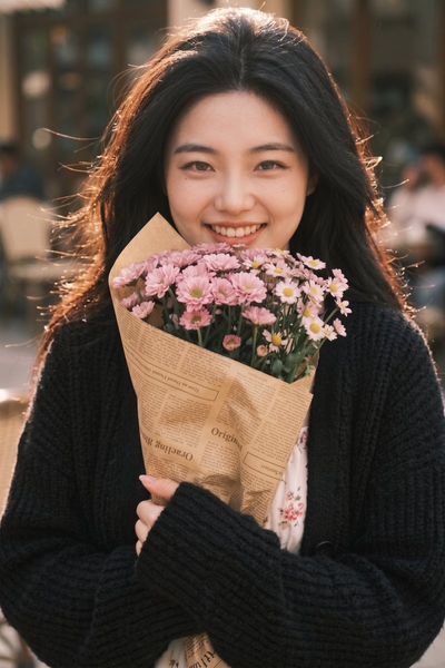 Golden Hour Smile With Pink Daisies Wrapped In Newsprint
