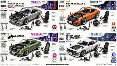 Isometric grid showcases four tuned Japanese cars with detailed infographics