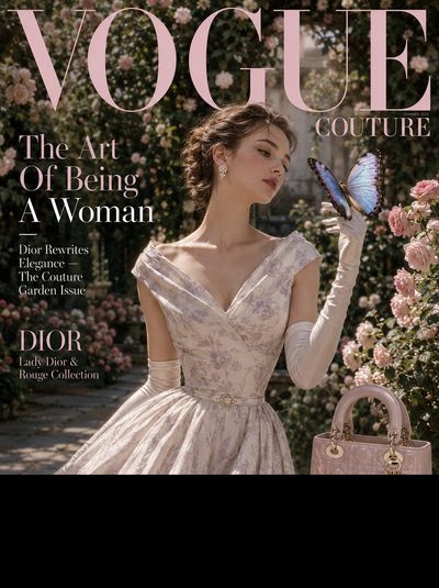 A woman in Dior New Look greets a morpho butterfly in a rose garden.