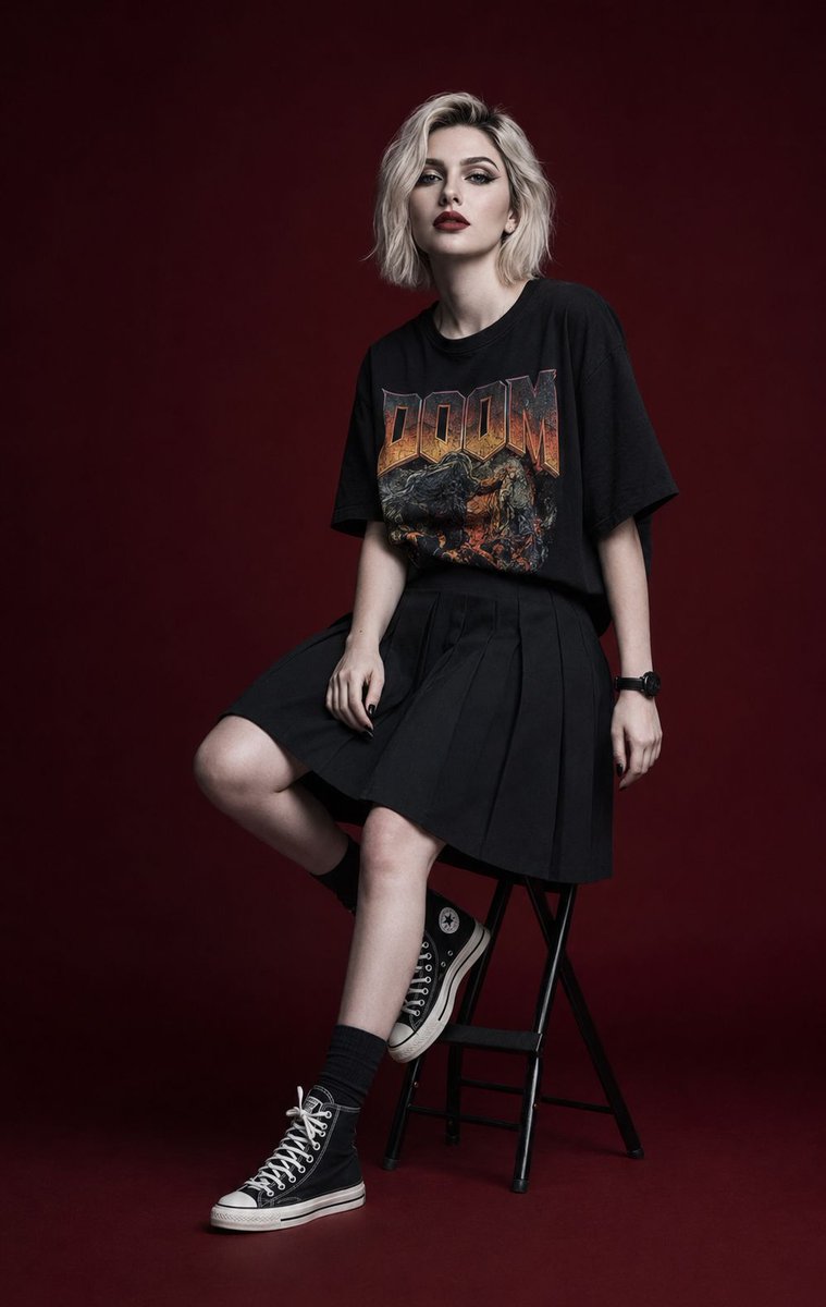 Young woman with platinum bob sits in dark editorial studio