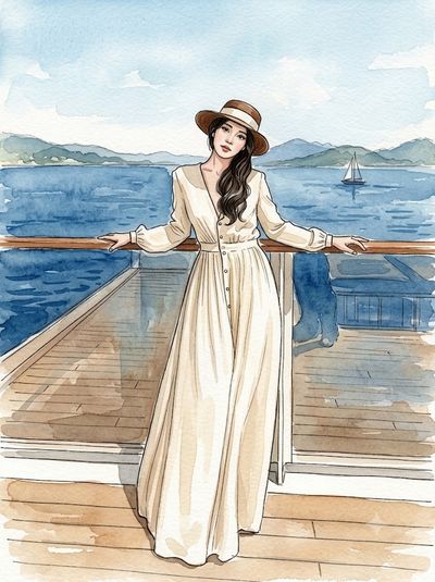 Elegant woman in cream dress leans on cruise ship railing