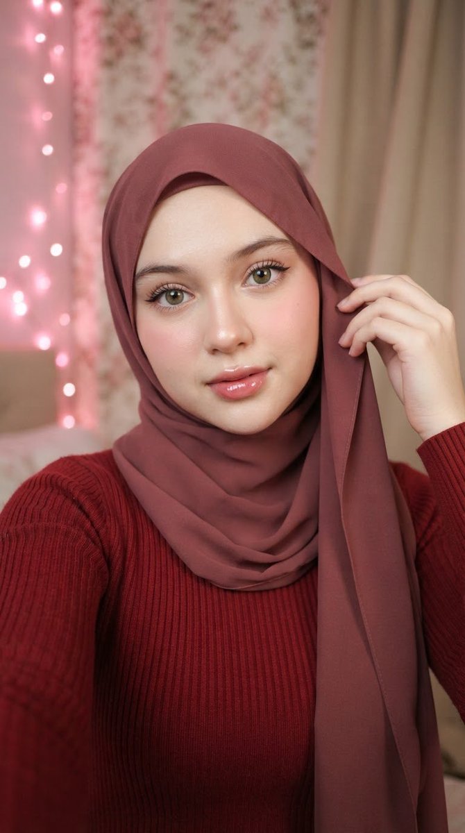 Young woman in dusty rose hijab adjusts fabric with gentle hand