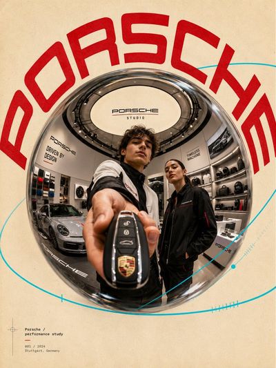 Model extends chrome sphere toward camera in futuristic boutique
