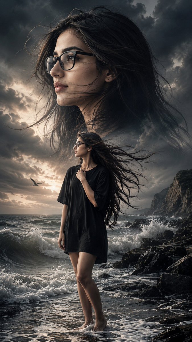 Woman stands at stormy sea with her own ethereal portrait above