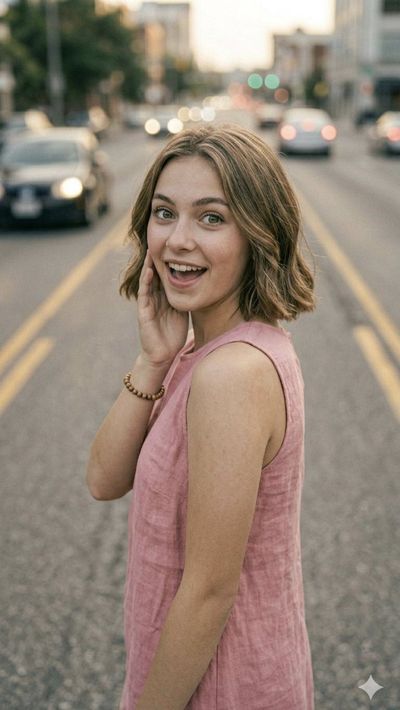 A joyful woman with hazel eyes smiles in golden hour light