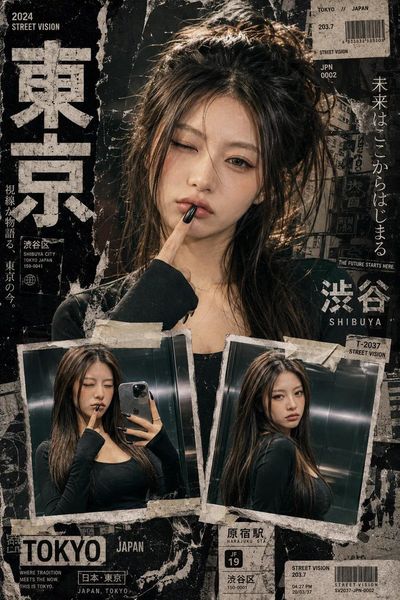 A cinematic close-up portrait anchors an edgy Tokyo collage poster.