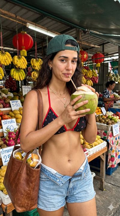 Girl sips fresh coconut water at tropical fruit stall