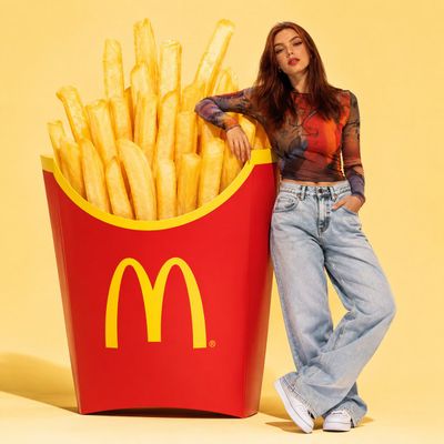 Young woman poses with giant fries box in chic studio