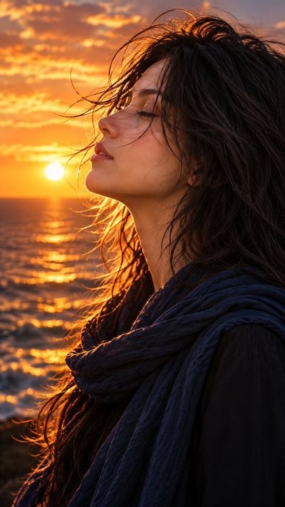 Woman in navy scarf gazes at golden sunset by the sea
