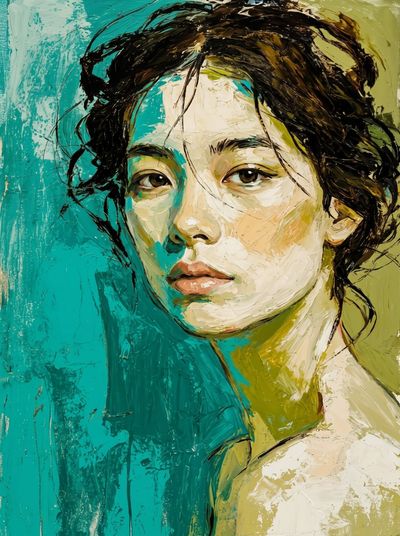 A young woman gazes forward in a textured impasto oil portrait