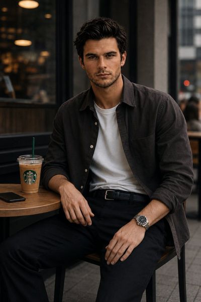 A sharp-jawed man in a dark overshirt stares intensely at a café table