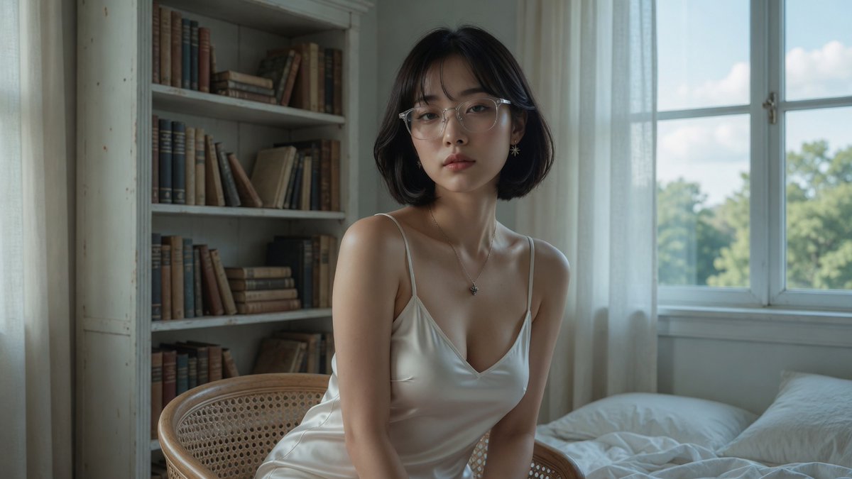 Young woman with glasses sits in white bedroom corner
