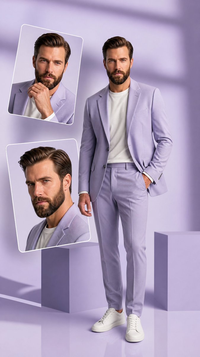 A bearded model in luxury menswear poses against soft lavender tones