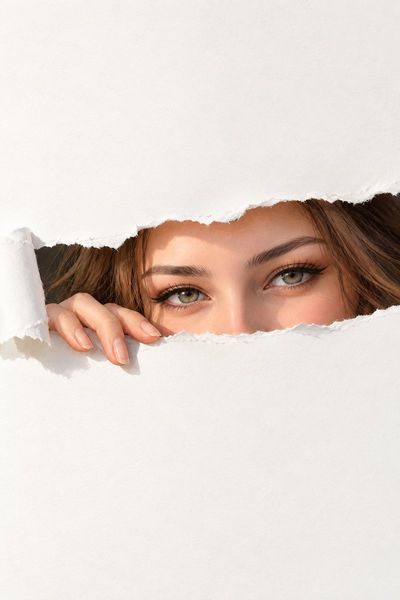 Dreamy eyes peek through torn white paper in soft painting