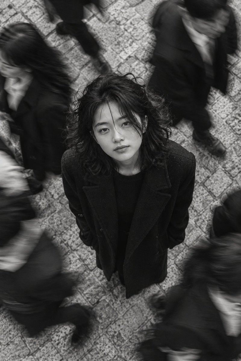 Girl stands still while blurred crowd rushes around her in monochrome