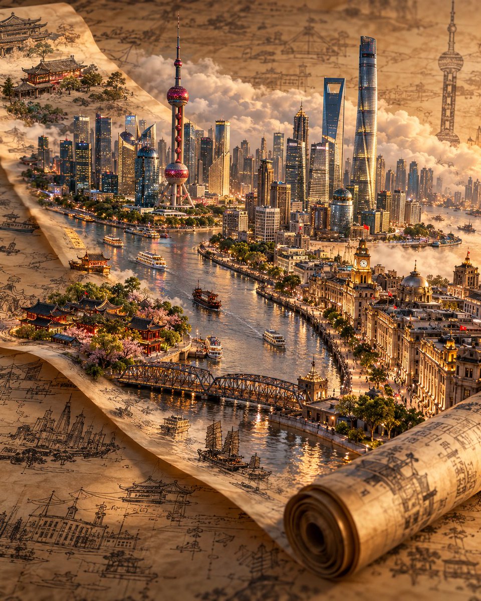 Miniature world rises from parchment scroll on blueprint surface