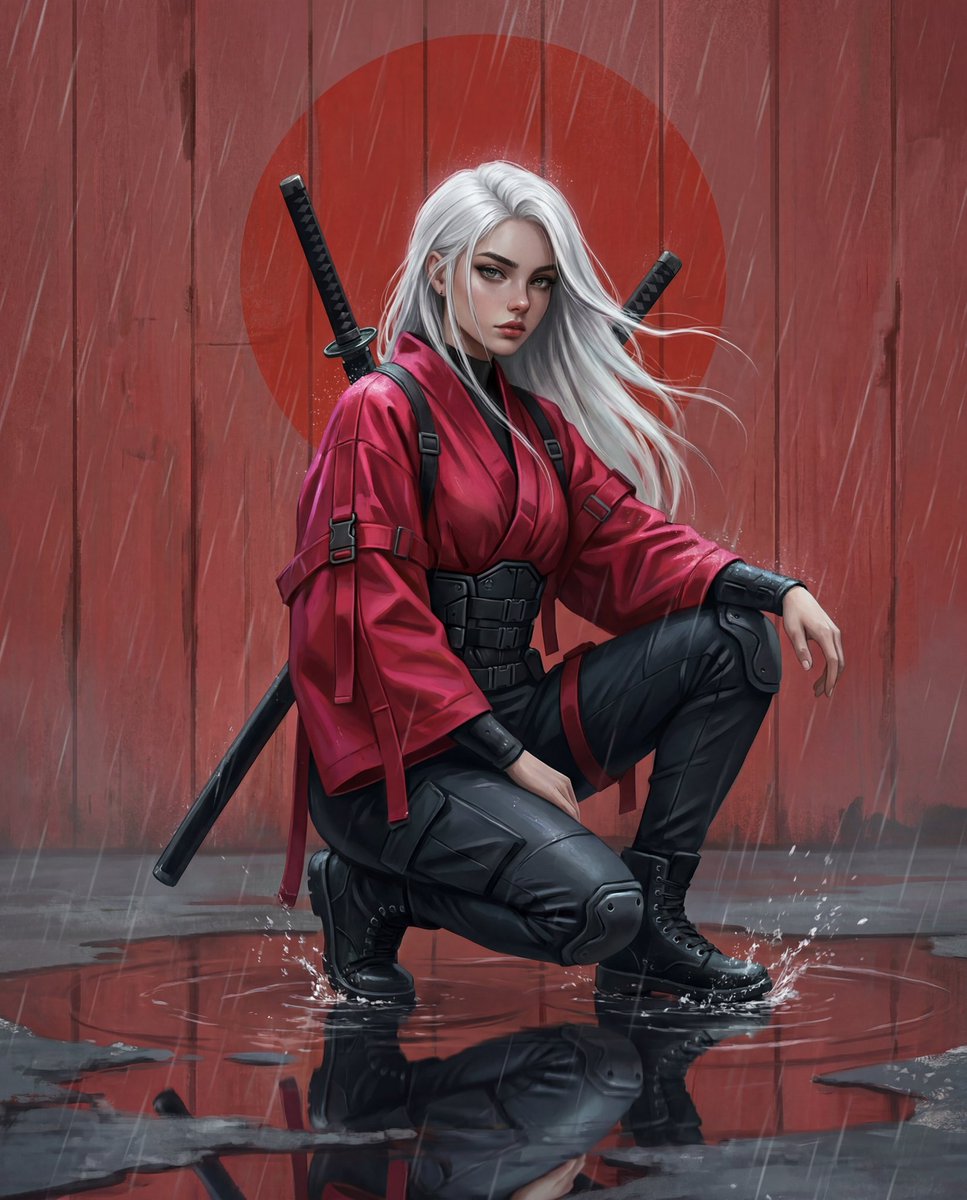 Crimson-clad woman crouches in a puddle with katana