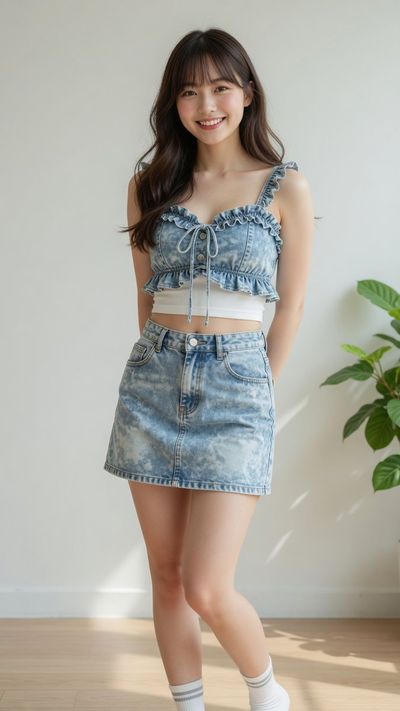 A young woman in denim outfit smiles warmly in sunlit room