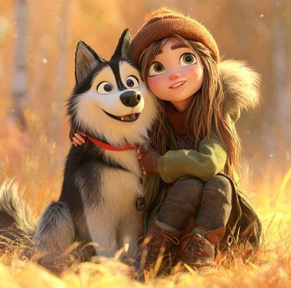 Wholesome Fall Friendship: Animated Girl & Husky in Pixar-Style