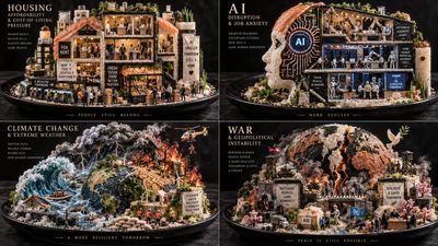 Sushi rice diorama reveals four modern anxieties on black plate