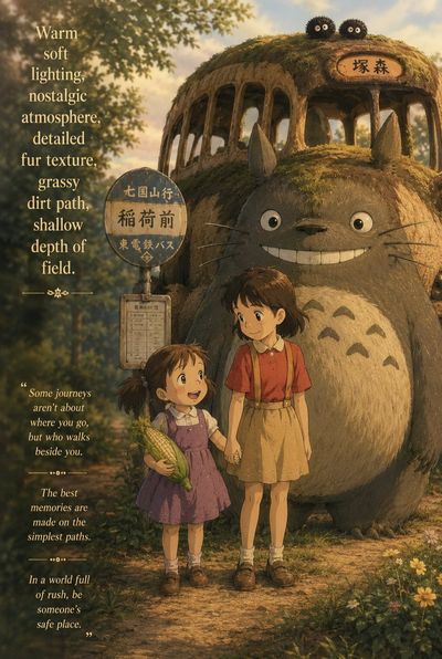 Totoro and the girls wait at a rustic countryside bus stop