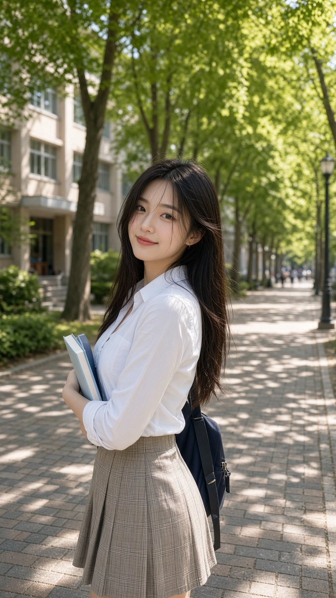 Young Asian college girl smiling gently on sunny campus path