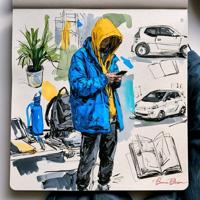 A blue-jacketed figure checks a phone amid urban sketches