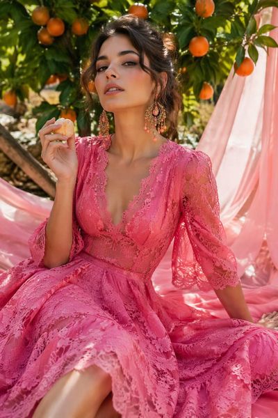 A woman in pink lace dress holds a fruit beneath orange tree