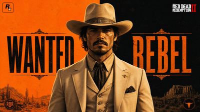 A sleek suited character poses in a split-color poster with bold text