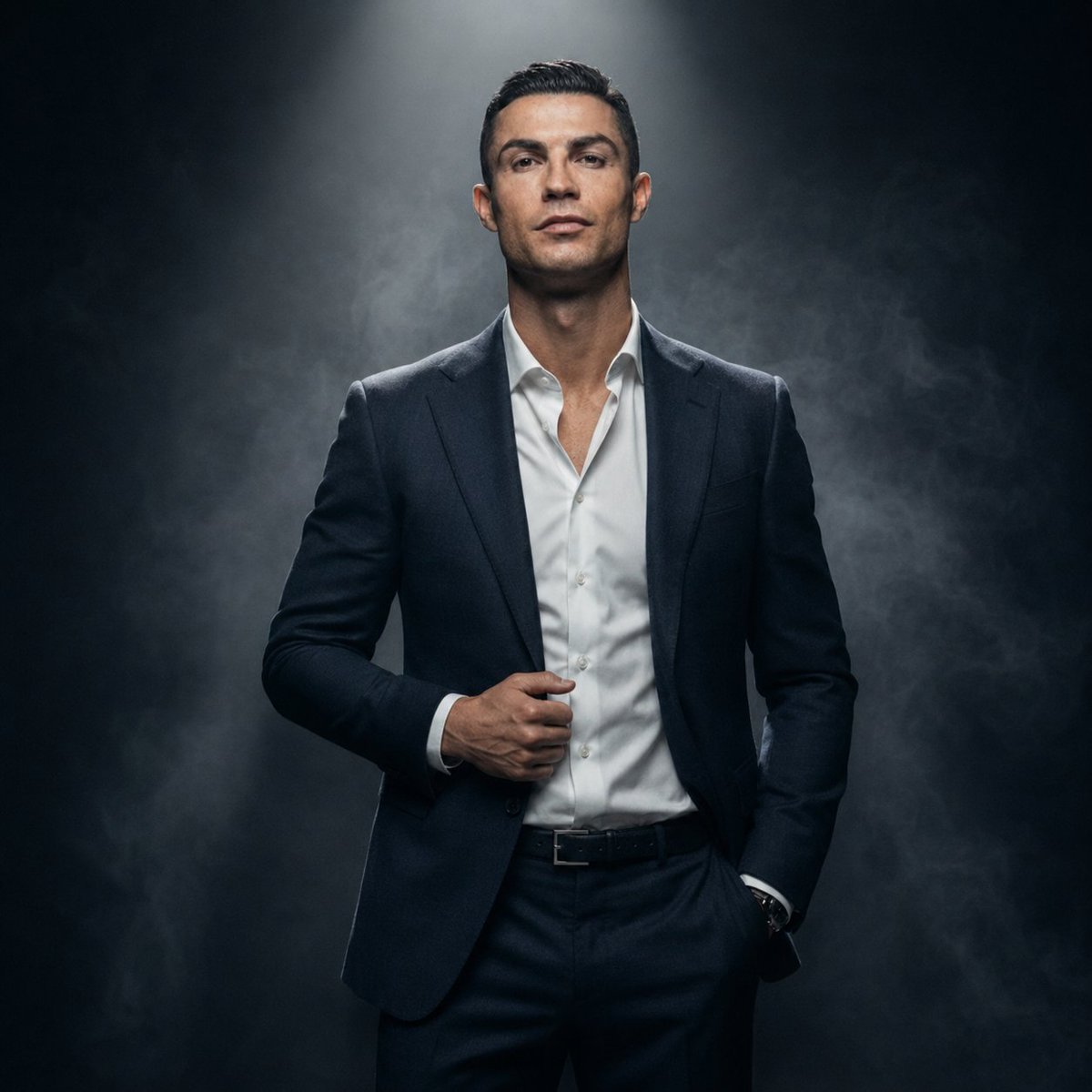 A confident executive in navy suit stands beneath dramatic spotlight.