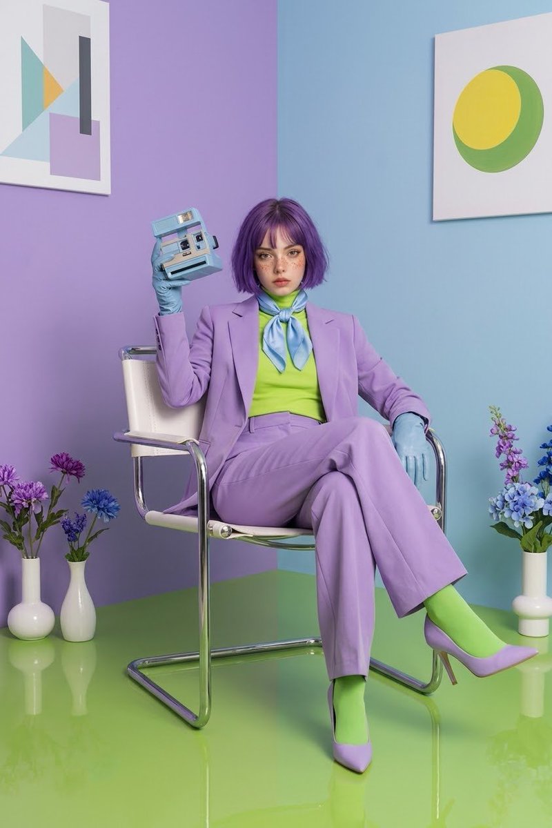 Violet-Haired Model Poses in Lavender Suit With Retro Camera