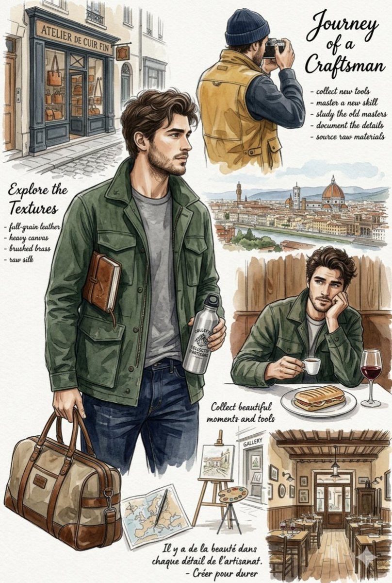 A young craftsman explores Florence with leather bag and water bottle