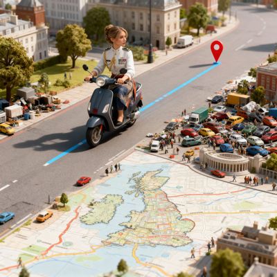 Urban Adventure: A Scooter Journey Through Surreal Streets