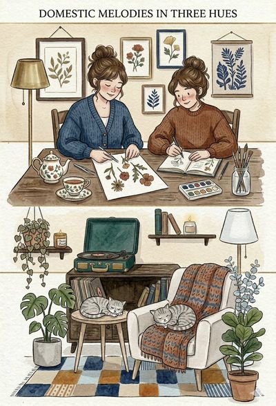 Two women enjoy tea and art in a cozy bohemian apartment.